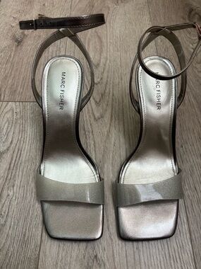 Marc Fisher Shimmery Metallic Silver-Taupe Ankle Strap Heels